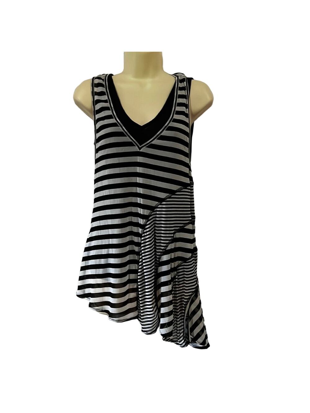 Lynn Ritchie Silver Size M Black & White Striped Layered Tunic Top Blouse Y2K